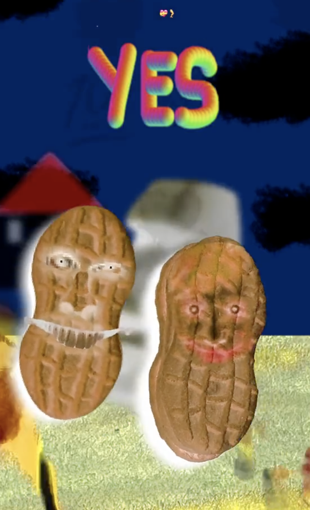 Two peanuts with human facial features, one smiling with visible teeth and the other with red lips and closed eyes, have the word 