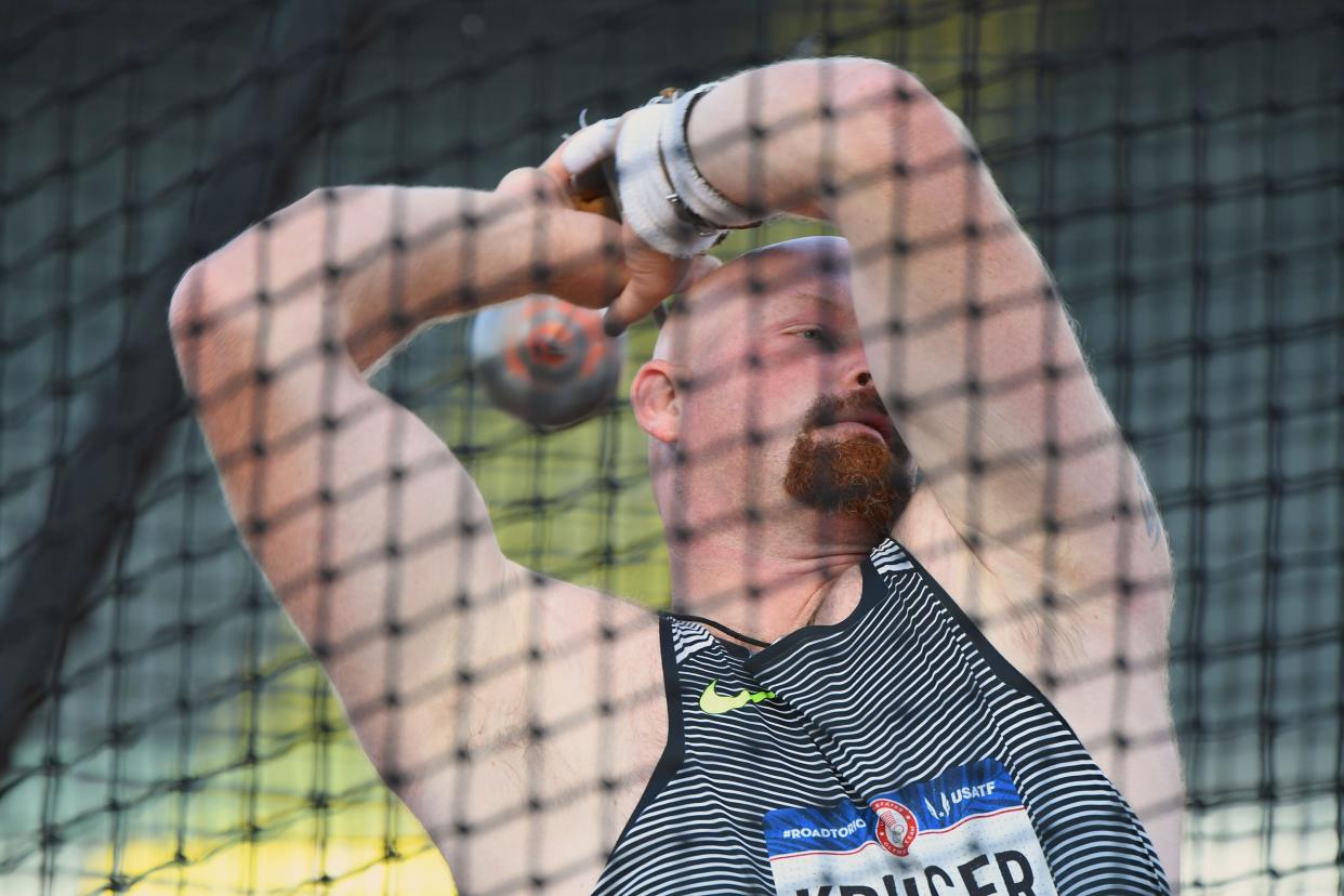 A.G. Kruger competes during the men's hammer throw qualifying in the 2016 U.S. Olympic track and field team trials at Hayward Field on July 6, 2016.