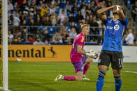 CF Montreal's Ariel Lassiter (11) reacts after missing a shot on the net of Chicago Fire's Chris Brady during the second half of an MLS soccer match in Montreal, Saturday, Sept. 16, 2023. (Peter McCabe/The Canadian Press via AP)