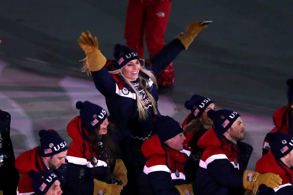 PYEONGCHANG-GUN, SOUTH KOREA – FEBRUARY 09: Lindsey Vonn, Alpine Skiier and The United States enter the stadium during the Opening Ceremony of the PyeongChang 2018 Winter Olympic Games. (Getty Images)