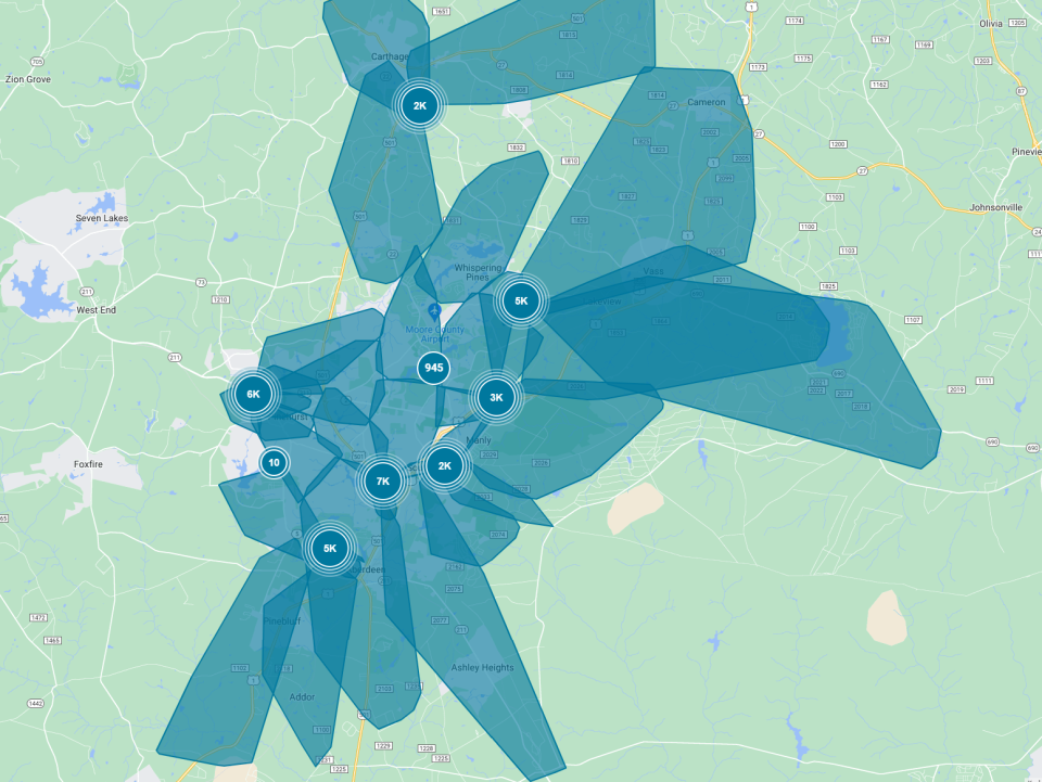 A Duke Energy power outage app shows thousands in Moore County without power as of 4:30 p.m., Dec. 5, 2022.