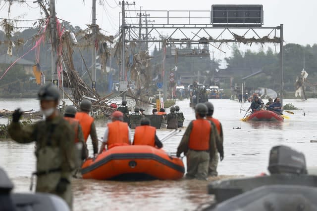 A rescue operation is under way following heavy rain in Kumamura, Kumamoto prefecture, southern Japan