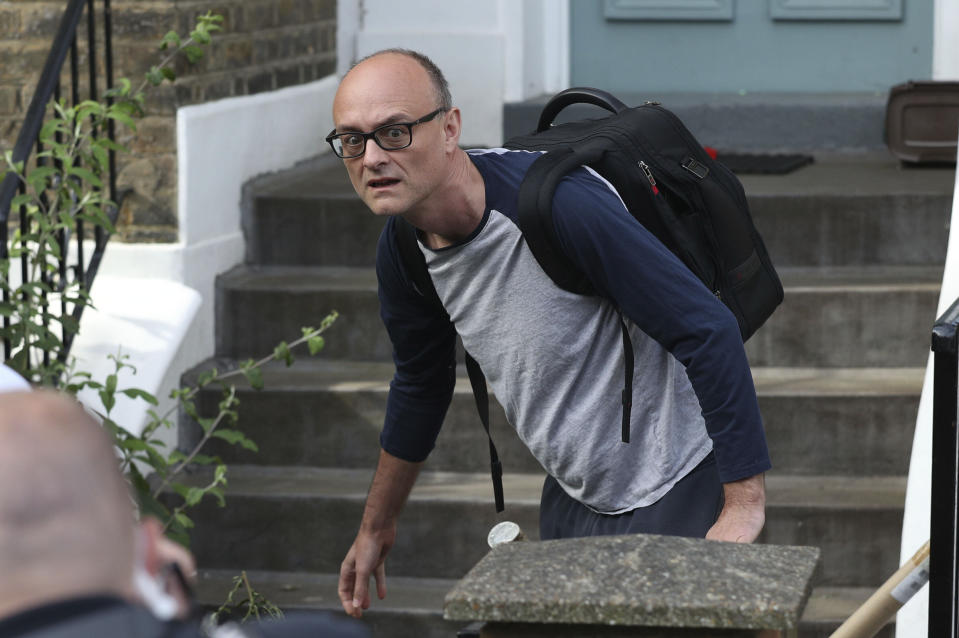 Dominic Cummings, the top aide to Britain's Prime Minister Boris Johnson.  leaves his north London home the day after he a gave press conference over allegations he breached coronavirus lockdown restrictions Tuesday May 26, 2020. (Yui Mok/PA via AP)