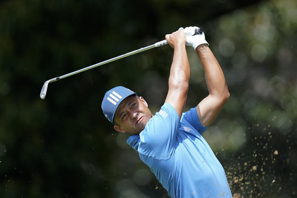 Xander Schauffele hits on the second tee during the first round of the Tour Championship golf tournament Thursday, Sept. 2, 2021, at East Lake Golf Club in Atlanta. (AP Photo/Brynn Anderson)