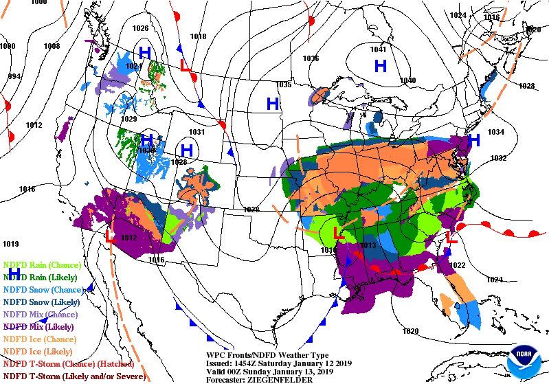 The National Weather Service forecasts snow and ice overmuch of the East as a winter storm moves toward the mid-Atlantic.