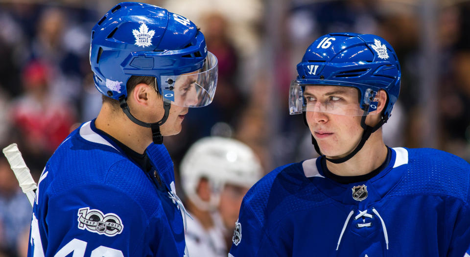 Much like Tyler Bozak, Mitch Marner is not afraid to throw some chirps around, according to Jake Gardiner. (Photo by Kevin Sousa/NHLI via Getty Images)