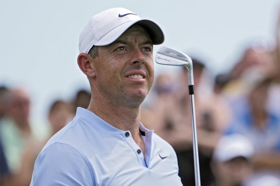 Rory McIlroy, of Northern Ireland, watches his shot on the third hole during the second round of The Players Championship golf tournament Friday, March 15, 2024, in Ponte Vedra Beach, Fla. (AP Photo/Marta Lavandier)