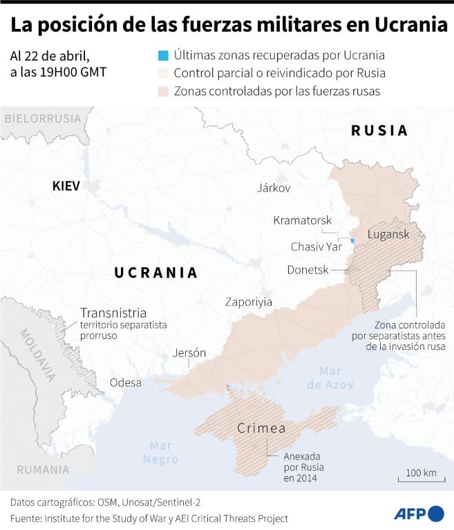 Mapa de Ucrania mostrando las áreas controladas por las fuerzas ucranianas y rusas, al 22 de abril de 2024 a las 19H00 GMT (Cléa Peculier, Sophie Ramis, Valentin Rakovsky)