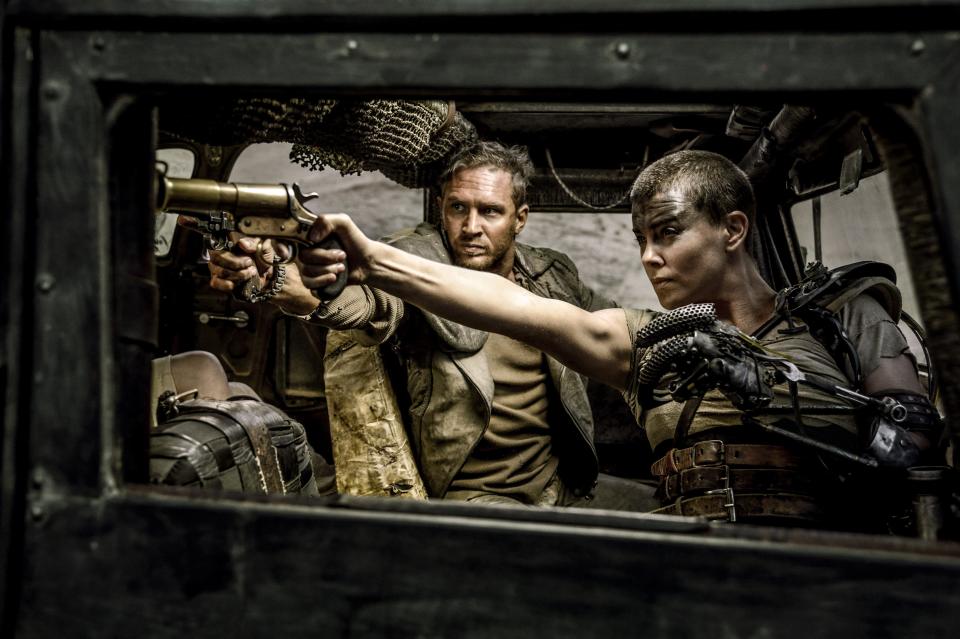 Tom Hardy, left, and Charlize Theron in a scene from "Mad Max: Fury Road."