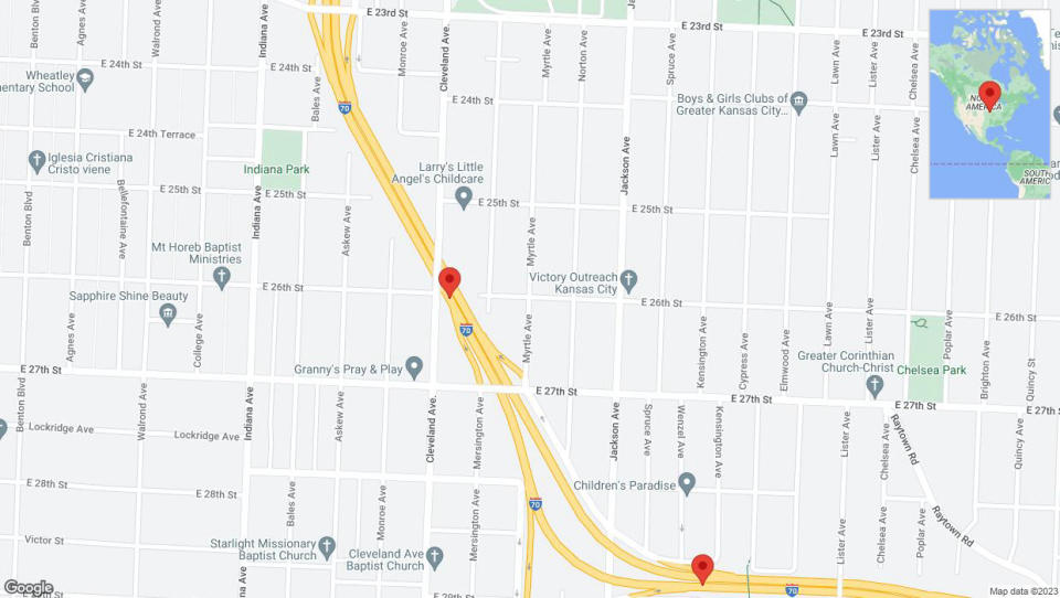 A detailed map that shows the affected road due to 'Kansas City: I-70 temporarily closed' on December 31st at 2:26 p.m.