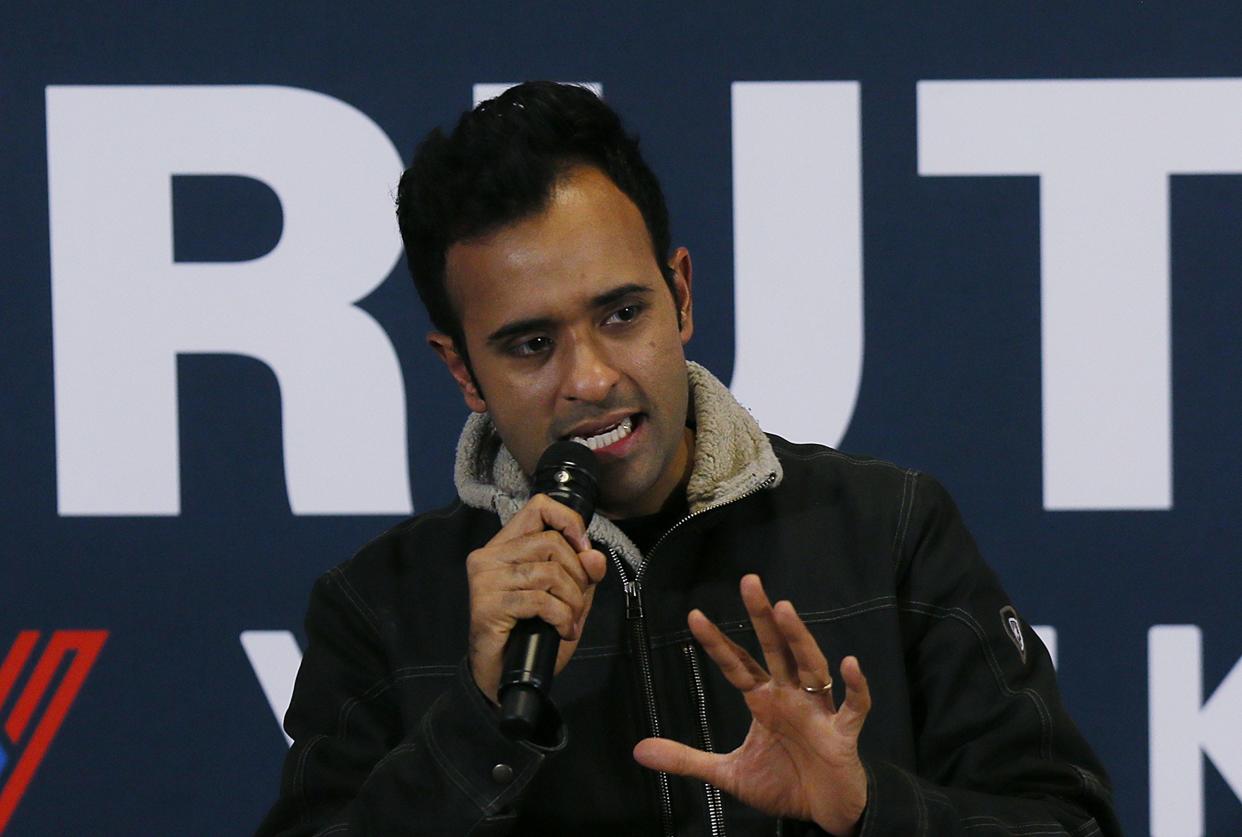 Republican Presidential candidate Vivek Ramaswamy speaks during a campaign stop at Hilton Garden Inn on Friday, Jan. 5, 2024, in Ames, Iowa.