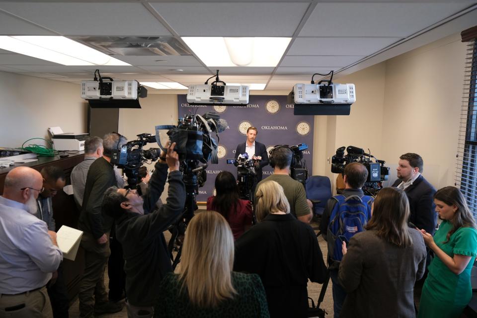 State superintendent Ryan Walters speaks to the media about the teacher bonus program at the Oklahoma Capitol, Wednesday, Jan. 31, 2024.