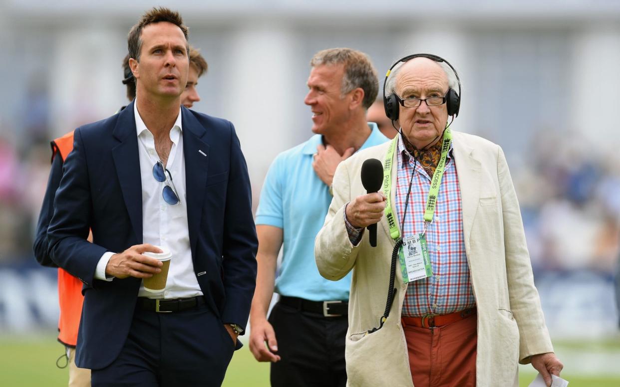 Henry Blofeld (R) with former England captain Michael Vaughan before day three of the 1st Investec Test Match between England and India at Trent Bridge on July 11, 2014 - Getty Images Europe