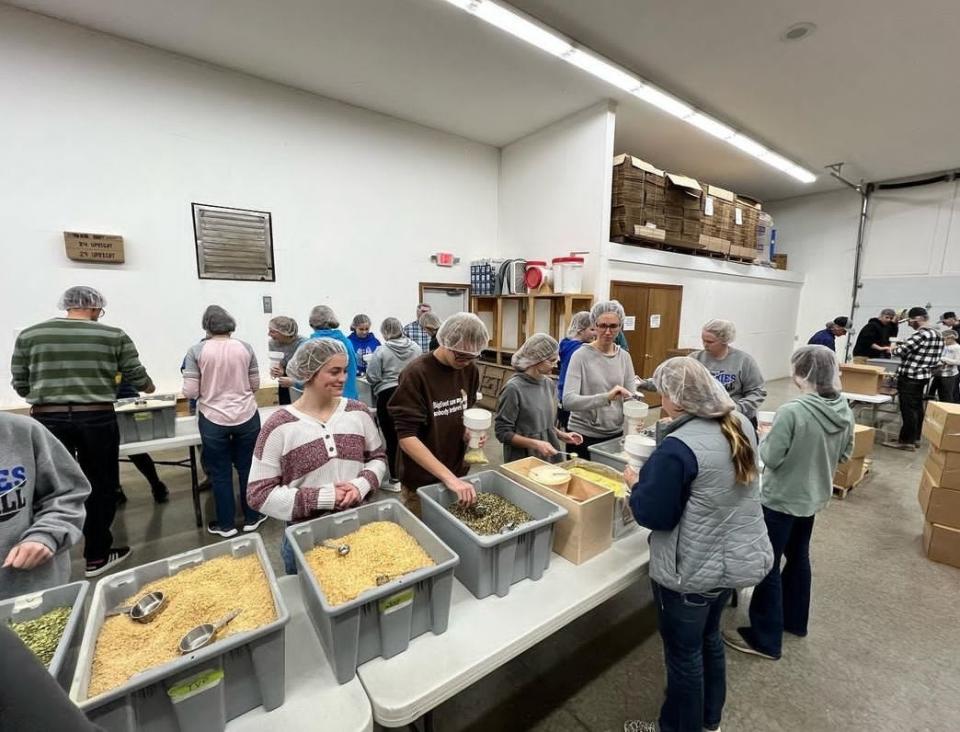 Northwestern FFA students help with soup packaging at Harvest Call Distribution Center in Sterling.