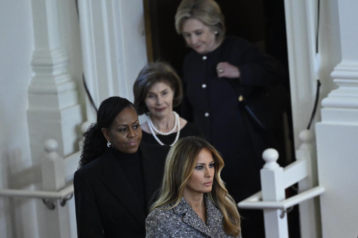 Former US Secretary of State Hillary Clinton, former US First Lady Laura Bush, former US First Lady Michelle Obama, and former US First Lady Melania Trump arrive for a tribute service for former US First Lady Rosalynn Carter, at Glenn Memorial Church in Atlanta, Georgia, on November 28, 2023. (AFP via Getty Images)