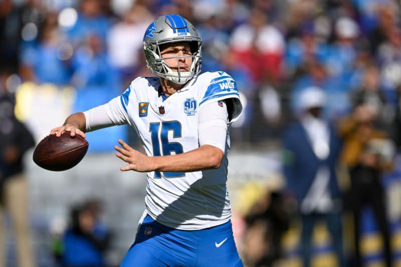 Detroit Lions quarterback Jared Goff threw for 272 yards, one score and an interception in a win over the Las Vegas Raiders on Monday in Detroit. File Photo by David Tulis/UPI