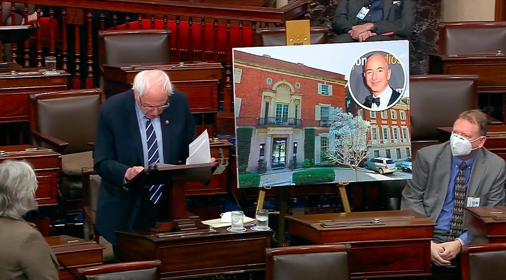 Sen Bernie Sanders delivers a speech on the Senate floor asking for a provision to be removed from a pending bill that would send an additional $10 billion for moon landers. (Twitter/CPAC)