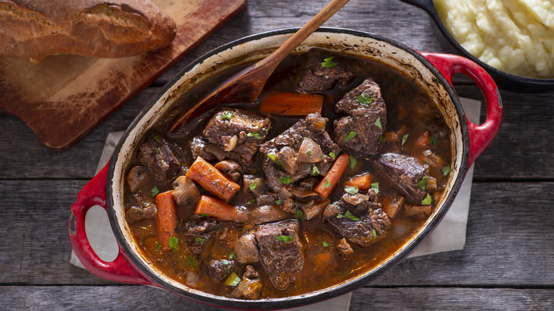 beef bourguignon cooked in a Dutch oven