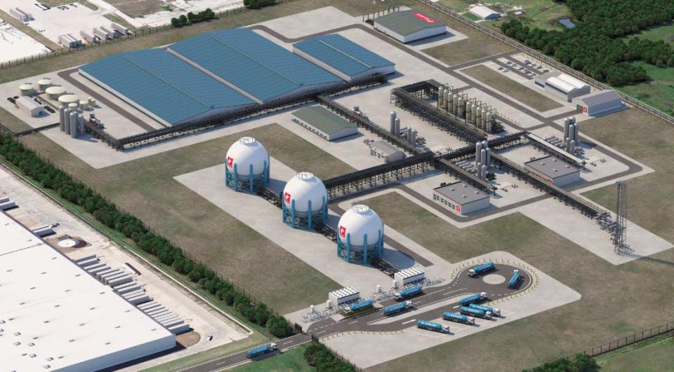 This conceptual image shows a liquid hydrogen production facility that Australia-based Woodside aims to build in Ardmore. The project was announced a year ago after the the state issued a report describing the potential of Oklahoma's hydrogen economy. A few months later, Oklahoma partnered with Arkansas and Louisiana to develop a regional hydrogen hub.