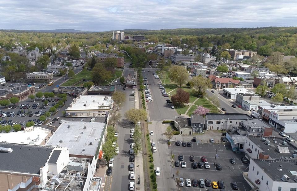 A drone image of the area of the proposed NJ Transit light rail station at Depot Square in Englewood on April 19, 2023. Englewood Hospital and Medical Center can be seen in the distance where the proposal includes another light rail station.