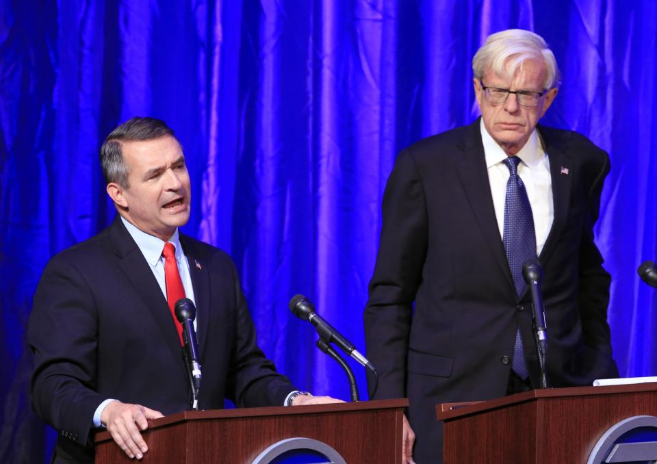 2nd District Rep Brad Ashford, D-Neb., right, and his challenger, the Republican Don Bacon, participate in their third and final debate in Omaha, Neb., Wednesday, Oct. 19, 2016. (Photo: Nati Harnik/AP)