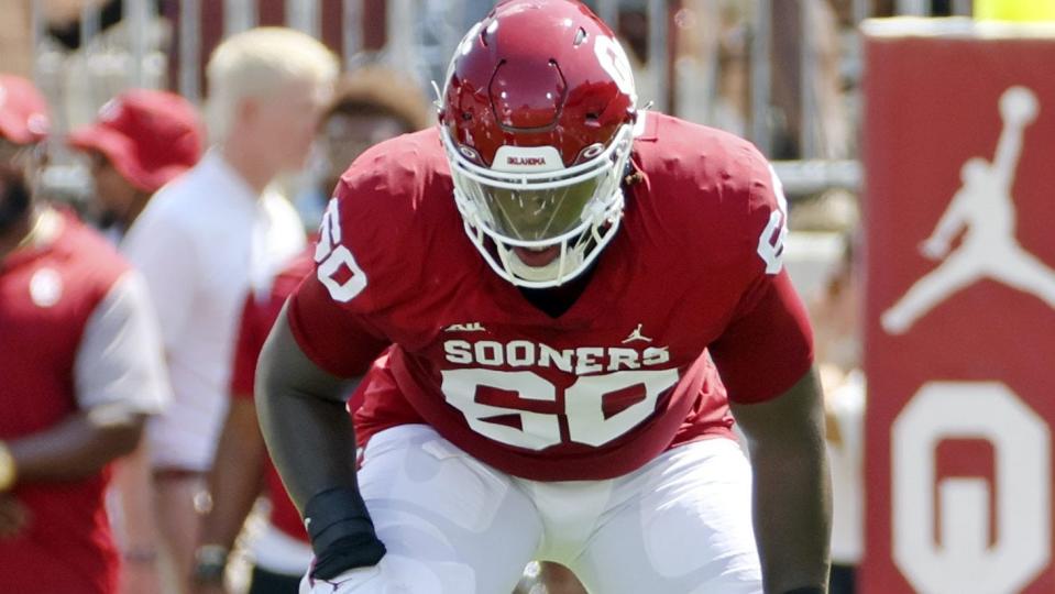 Sep 3, 2022; Norman, Oklahoma, USA; Oklahoma Sooners offensive lineman Tyler Guyton (60) in action during the game against the UTEP Miners at Gaylord Family-Oklahoma Memorial Stadium. Mandatory Credit: Kevin Jairaj-USA TODAY Sports