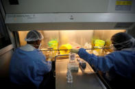 Workers prepare chemical materials at a cancer treatment center in Sanaa, Yemen, February 11, 2017. REUTERS/Khaled Abdullah