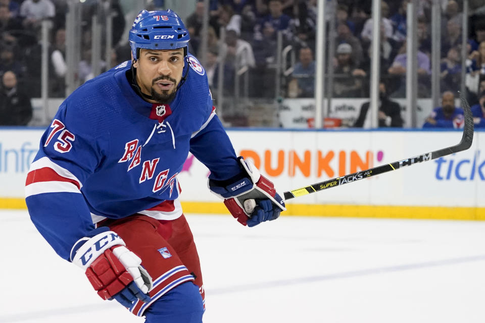 FILE -New York Rangers right wing Ryan Reaves (75) skates the ice in the first period of Game 2 of the NHL hockey Stanley Cup playoffs Eastern Conference finals against the Tampa Bay Lightning, Friday, June 3, 2022, in New York. The National Hockey League has taken significant strides in recent years to improve diversity in a sport that has long been predominantly white. (AP Photo/John Minchillo, File)