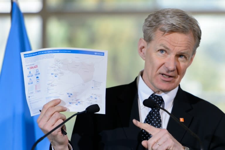 Jan Egeland, special advisor to the UN Syria envoy, holds a document related to UN aid convoys in Syria during a press conference following a new round of peace talks on Syria at the United Nations Offices in Geneva on March 23, 2016