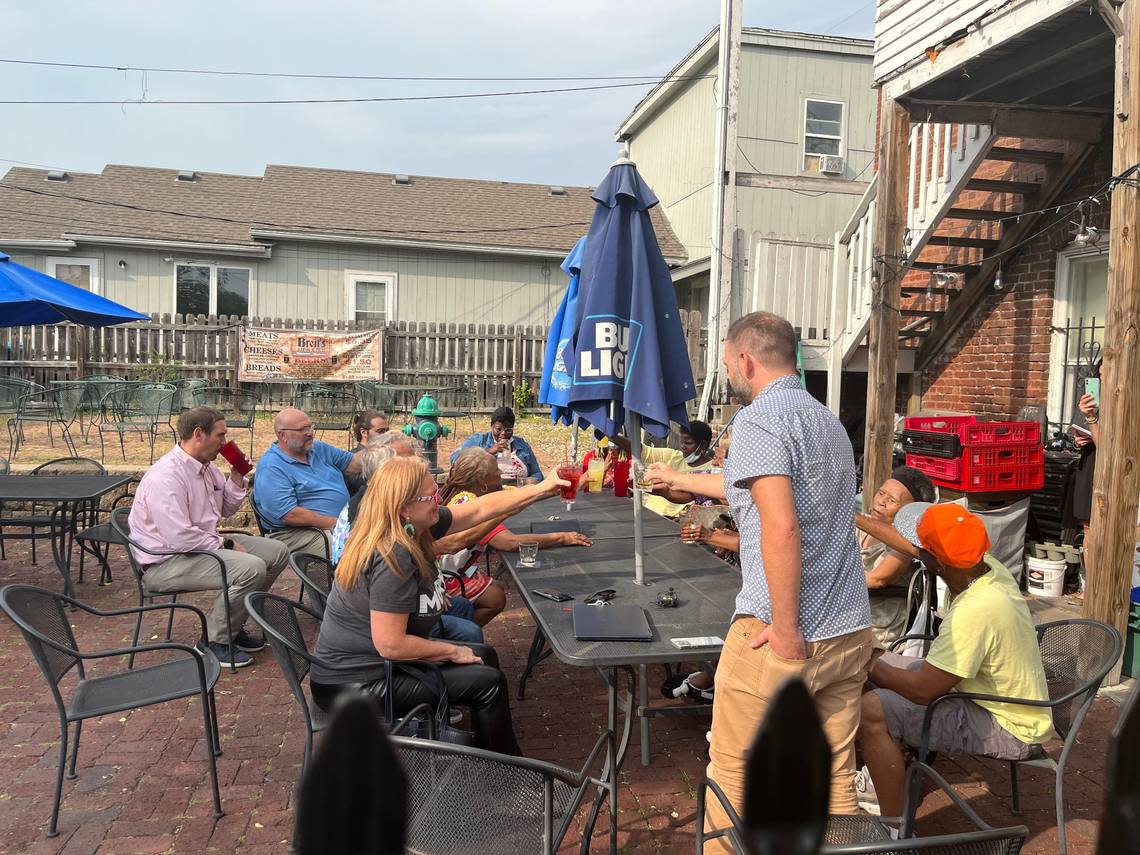 Activists with social justice organization MORE2 and alleged victims of ex-KCKPD Det. Roger Golubski gathered in the backyard patio of Briet’s Stein and Deli in Kansas City, Kansas on Thursday to celebrate a six-county felony indictment filed against the former cop.