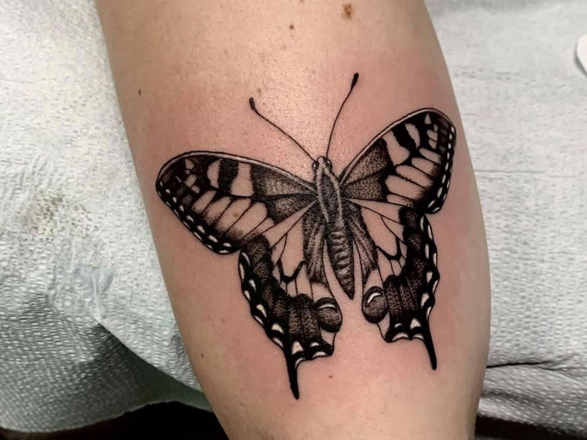 This butterfly tattoo covers self-harm scars on a client of Halifax artist Phoebe Russo. (Phoebe Russo - image credit)