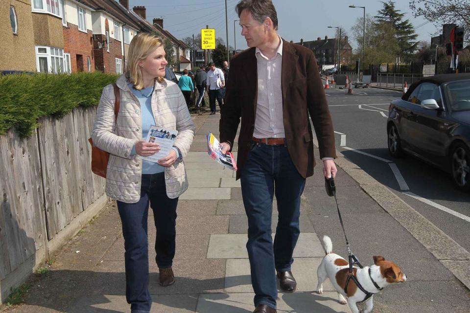 Matthew Offord in Hendon with Justine Greening and his dog, Max (Nigel Howard/ES)