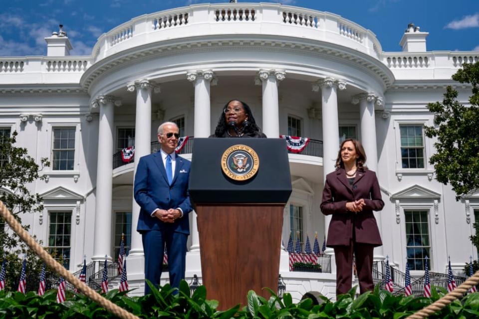 President Joe Biden, Judge Ketanji Brown Jackson and Vice President Kamala Harris appear together at a press conference on April 8, 2022, on the South Lawn of the White House in Washington, D.C. to celebrate the confirmation of Jackson as the first Black woman to reach the Supreme Court. (AP Photo/Andrew Harnik)