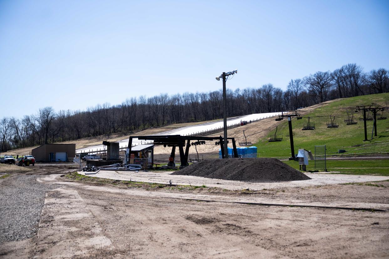 The nearly 600-foot synthetic ski hill sits under construction by the Polk County Conservation Board Tuesday, April 8, 2024, at the Sleepy Hollow Sports Park in Des Moines. The park is slated for a May 25th opening.