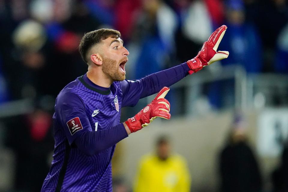 United States goalkeeper Matt Turner talks to teammates during the second half of a FIFA World Cup qualifying soccer match against El Salvador, Thursday, Jan. 27, 2022, in Columbus, Ohio. The U.S. won 1-0. (AP Photo/Julio Cortez)