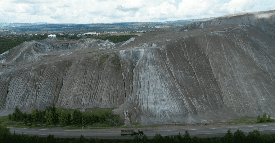 An aerial view of mine waste in Thetford Mines, Quebec. Planetary Technologies intends to extract magnesium hydroxide out of the waste left behind by the old asbestos mine. (NBC News)