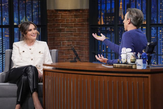 <p>Lloyd Bishop/NBC via Getty</p> Mariska Hargitay and Seth Meyers.