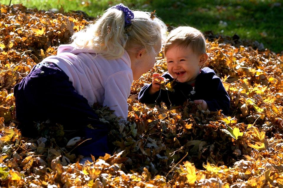 One-year-old Grace Salazar of Stockton, right, plays with her cousin Megan Falkner, 3, of Temecula in a pile of fall leaves at Grupe Park in Stockton on Nov. 21, 2003