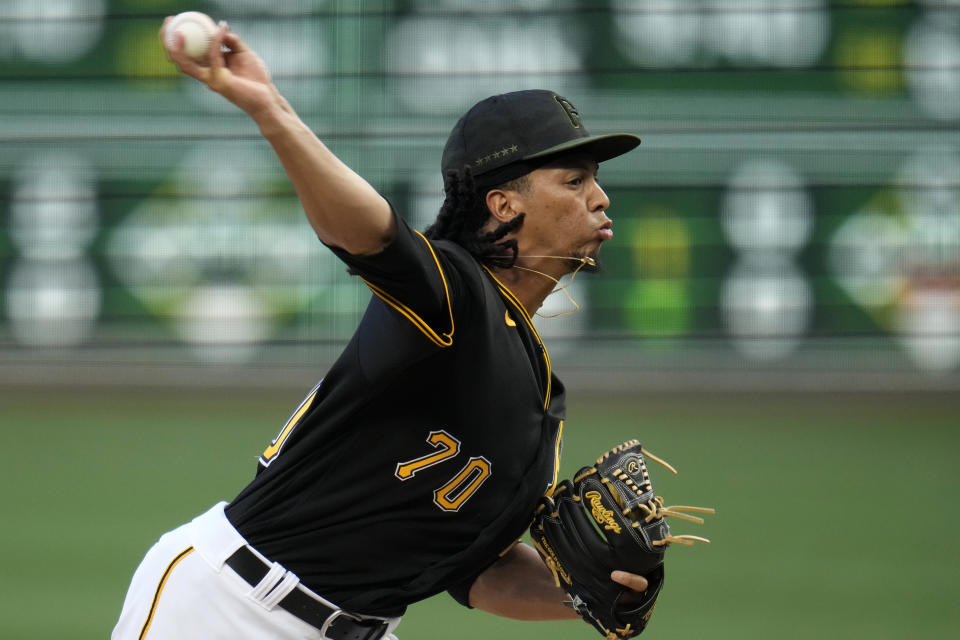 Pittsburgh Pirates starting pitcher Osvaldo Bido delivers during the second inning of a baseball game against the Atlanta Braves in Pittsburgh, Monday, Aug. 7, 2023. (AP Photo/Gene J. Puskar)