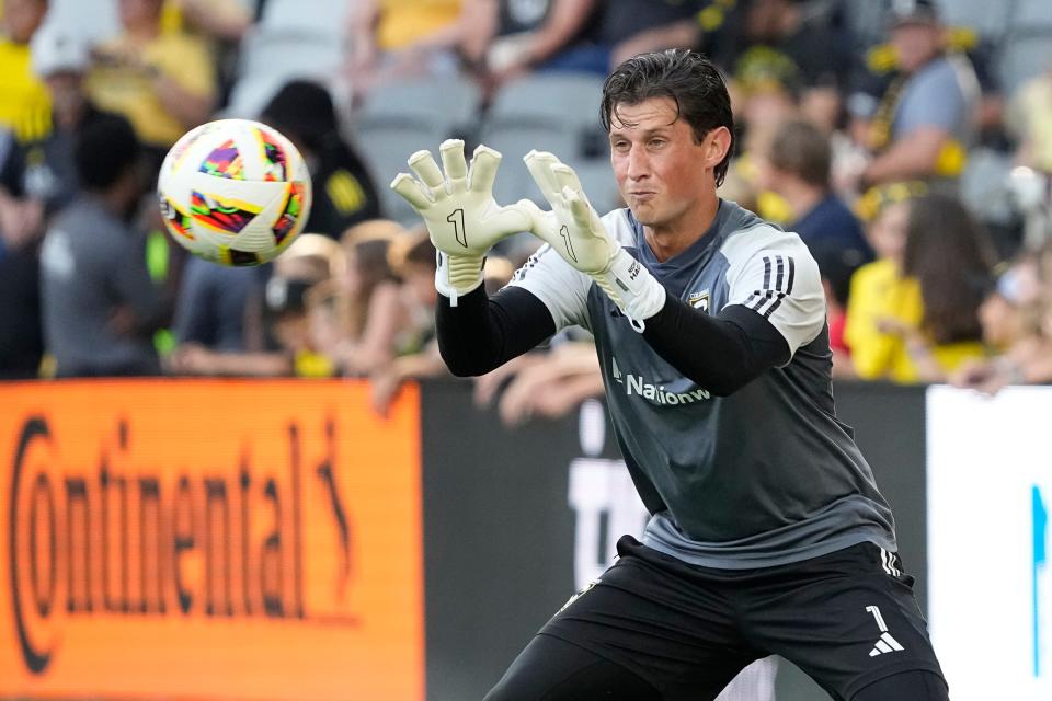 Jul 17, 2024; Columbus, OH, USA; Columbus Crew goalkeeper Nicholas Hagen (1) warms up prior to the MLS soccer game against Charlotte FC at Lower.com Field.