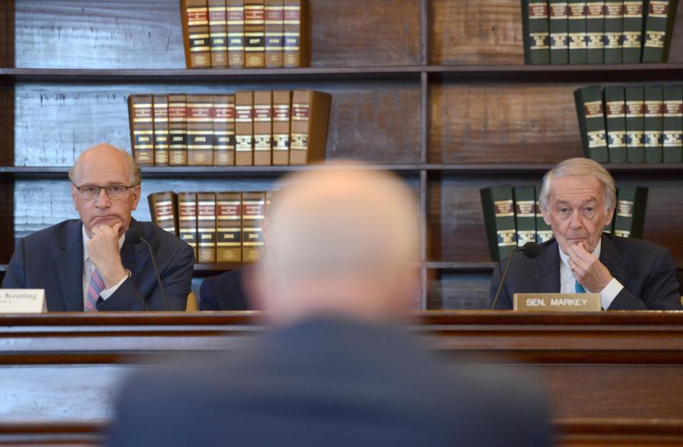 U.S. Rep. Bill Keating, left, and U.S. Senator Ed Markey listen to testimony from John Lubinski, director, Office of Nuclear Material and Safety Safeguards for the NRC in Plymouth Town Hall on Friday, May 6, 2022, where U.S. Senator Ed Markey conducted a field hearing on issues facing communities with decommissioning nuclear plants.