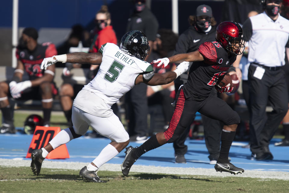 San Diego State running back Jordan Byrd, right, sprints past Hawaii defensive back Khoury Bethley for a touchdown during the first half of an NCAA college football game Saturday, Nov. 14, 2020, in Carson, Calif. (AP Photo/Kyusung Gong)