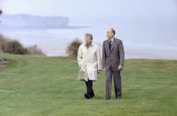 FILE - In this Jan,5, 1978 file photo, President Jimmy Carter walks with French President Valery Giscard D'Estaing at Omaha Beach, Normandy, in France. Valery Giscard d’Estaing, the president of France from 1974 to 1981 who became a champion of European integration, has died Wednesday, Dec. 2, 2020 at the age of 94, his office and the French presidency said. (AP Photo, File)