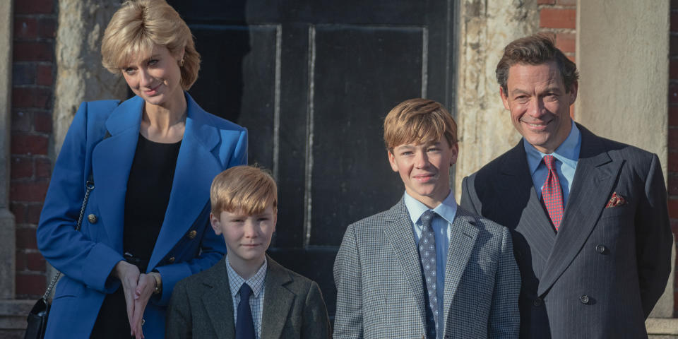 Elizabeth Debicki as Princess Diana, Will Powell as Prince Harry, Senan West as Prince William, and Dominic West as Charles, Prince of Wales. (Keith Bernstein / Netflix)