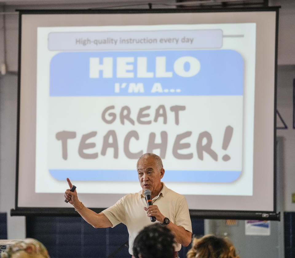 Houston Independent School District Superintendent Mike Miles speaks to parents and members of the community during the second HISD community meeting at M.C. Williams Middle School on Thursday, June 29, 2023, in Houston. (Karen Warren/Houston Chronicle via AP)