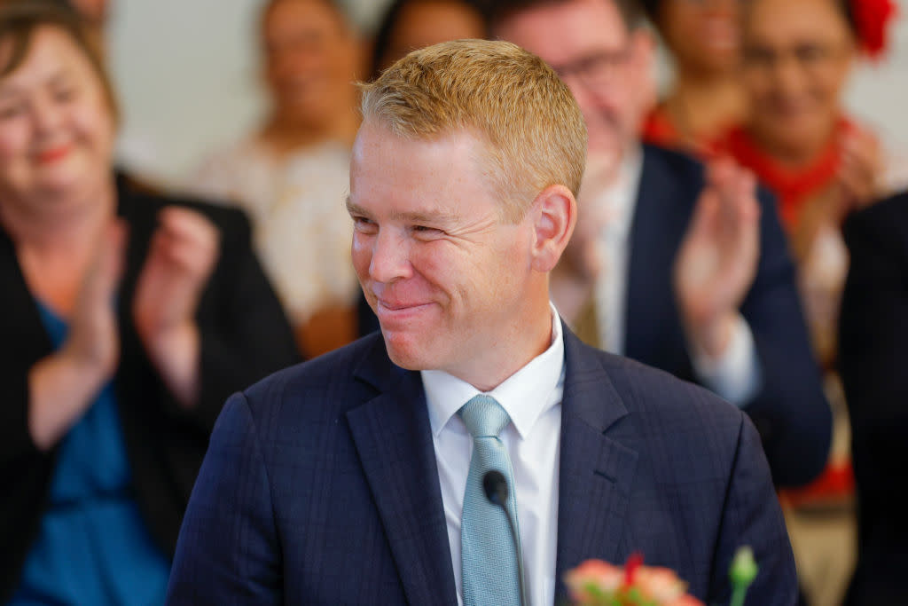 Prime Minister Chris Hipkins is sworn in during a swearing-in ceremony at Government House on Jan. 25, 2023 in Wellington, New Zealand.
