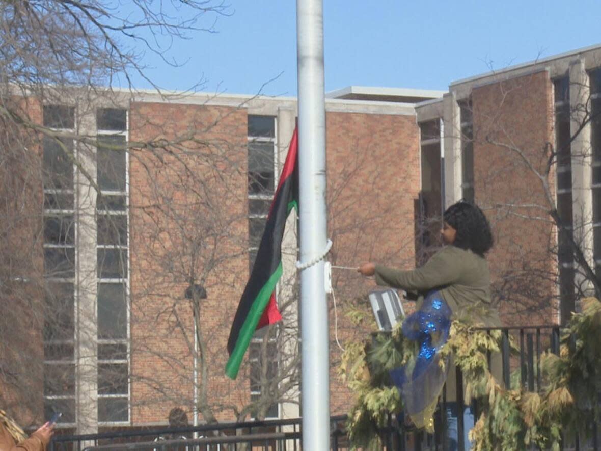 This is the first time the University of Windsor has raised the Pan-African flag on campus.  (Darrin Di Carlo/CBC - image credit)