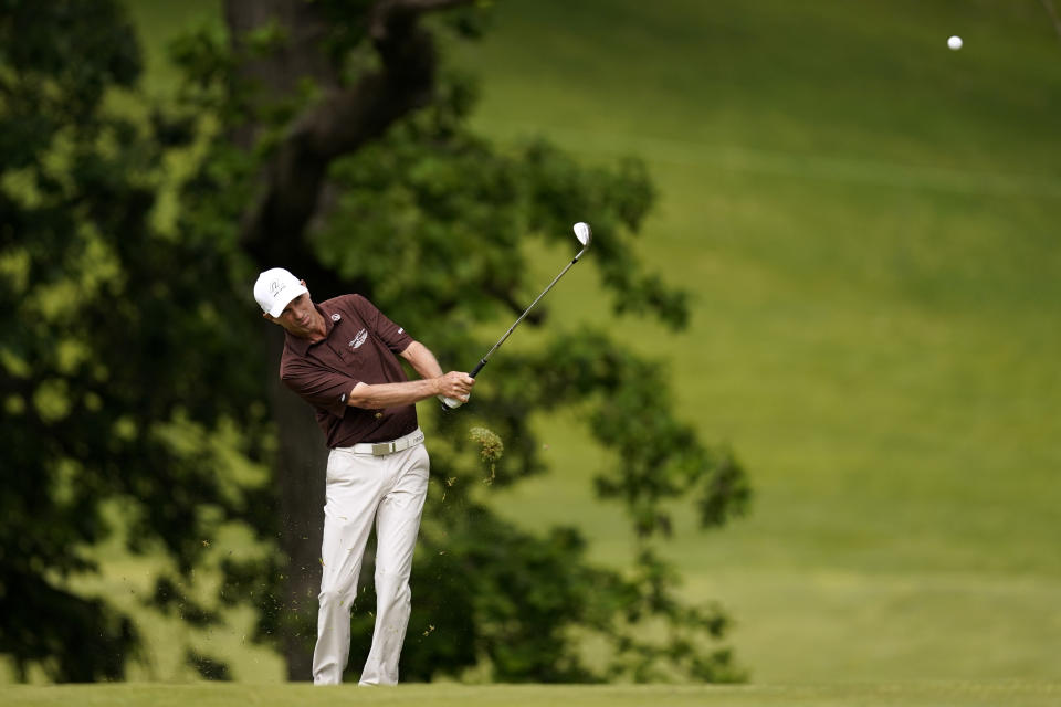 Steven Alker, of New Zealand, hits on the 18th fairway during the second round of the PGA Tour Champions Principal Charity Classic golf tournament, Saturday, June 4, 2022, in Des Moines, Iowa. (AP Photo/Charlie Neibergall)