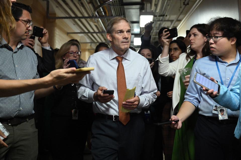 Rep. Jim Jordan of Ohio speaks to members of the media at the Capitol in Washington, D.C., on Oct. 4, 2023.  / Credit: SAUL LOEB/AFP via Getty Images