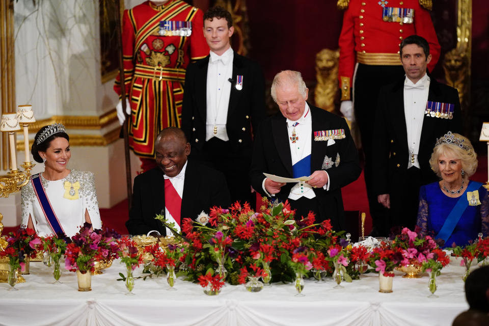 (Left to right) Catherine, Princess of Wales, President Cyril Ramaphosa of South Africa, King Charles III and Camilla, Queen Consort during the State Banquet at Buckingham Palace. (Pool / Getty Images)